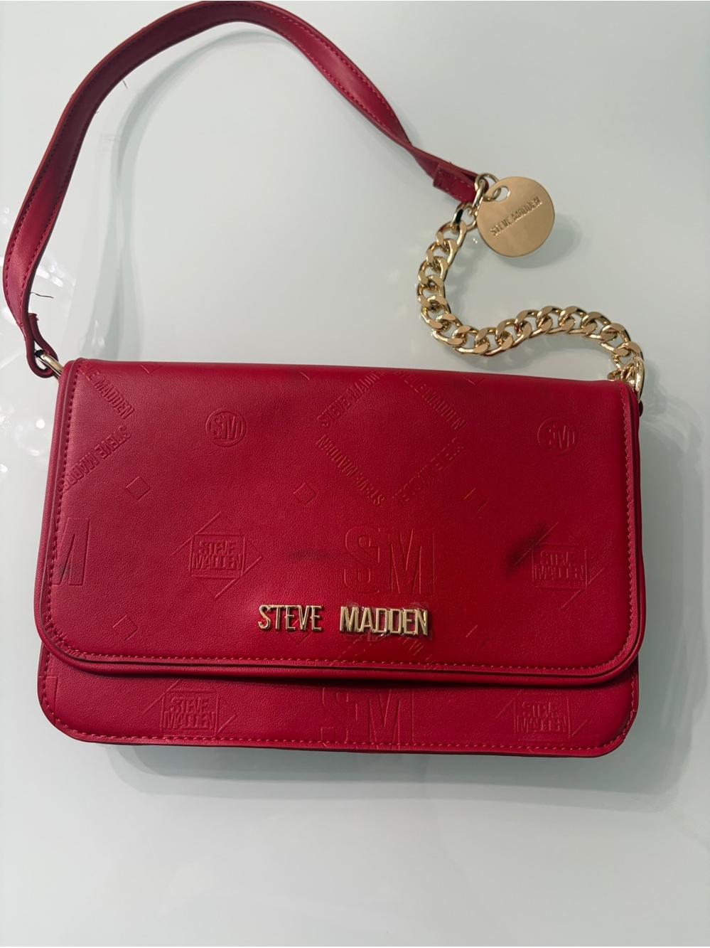 Steve Madden Red Leather Shoulder Bag with Gold Chain Charm
